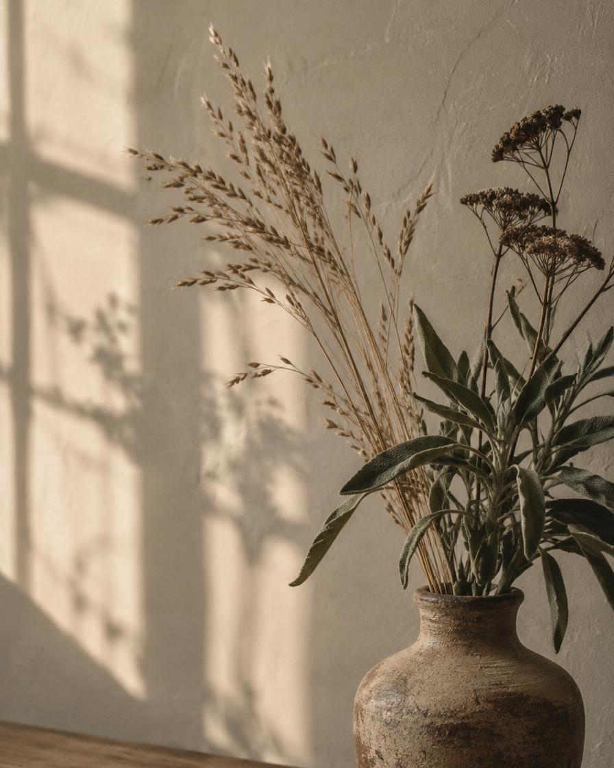 Dried grasses and sage in soft window light