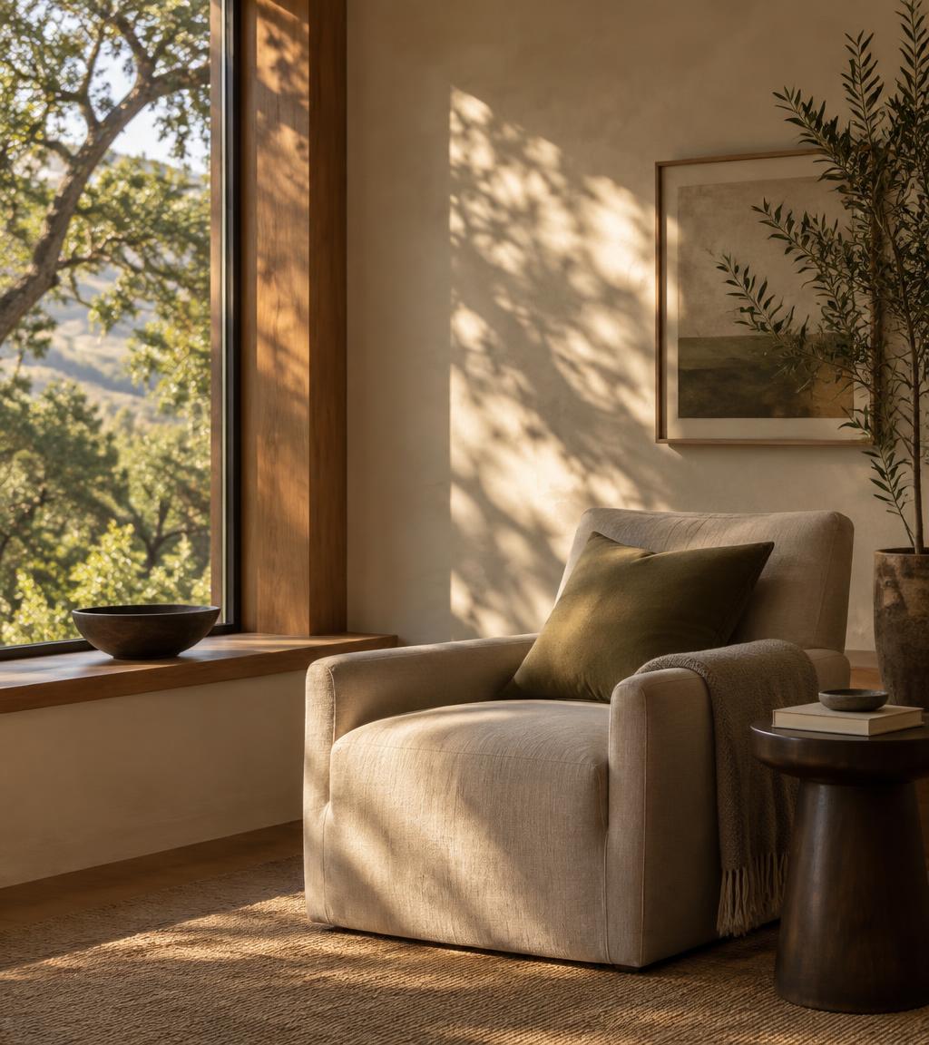 A linen armchair beside a sunlit window
